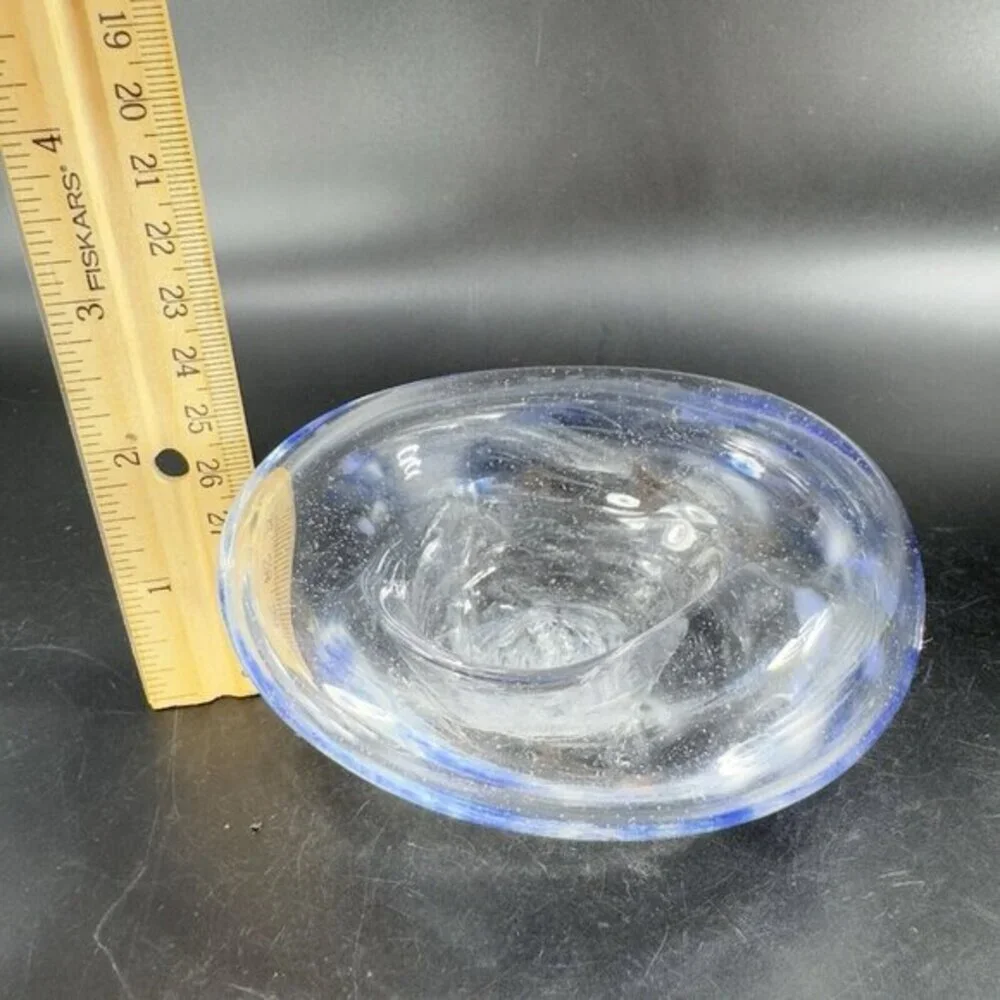Vintage Hand Blown Art Glass Dish Bowl Clear With Blue Spots Hand Made Glass VTG